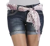 Wallflower Scarf Belted Retro Mid Thigh Denim Short w/ Destruction