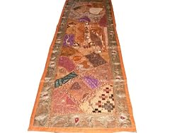 Sari Patchwork Sequin Table Runner Orange Beaded Wall Tapestry 70