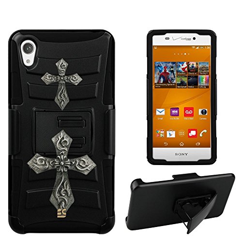 Spots8Â« Image Design Cases for Sony Xperia Z3V - Prime Series Dual Layer Holster Case Plus Kickstand with Design Image + Locking Belt Swivel Clip - Celtic Goth Cross Design