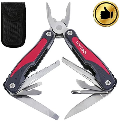 Toptool 14 in 1 Folding Pocket Multitool Pilers with Sheath,Knife, Can Opener, Screwdriver &amp; More (Red)