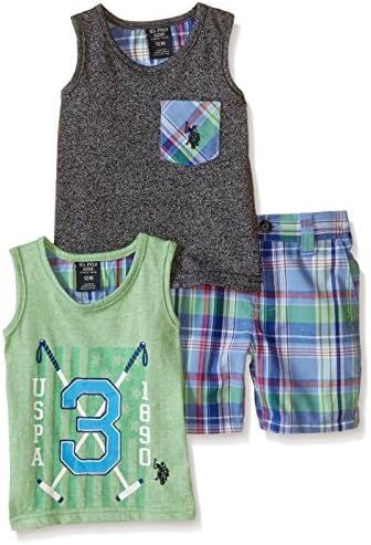 U.S. Polo Assn. Baby Boys' 3 Piece Set, Two Tank Tops and Plaid Short