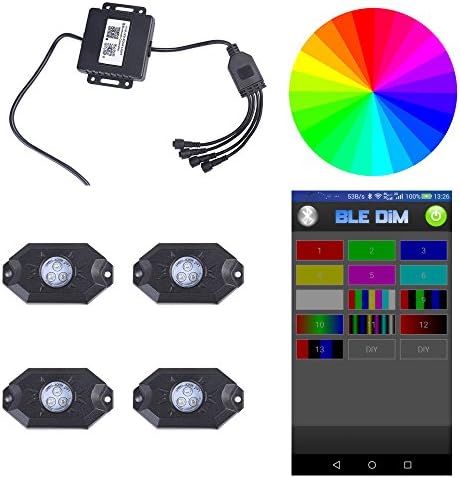 OTW7 RGB LED Rock Light Kits with Bluetooth Cell Phone Control & Timing & Music Mode & Flashing & Automatic Control & Color Grad Multicolor Neon Lights Under Off Road Truck SUV ATV