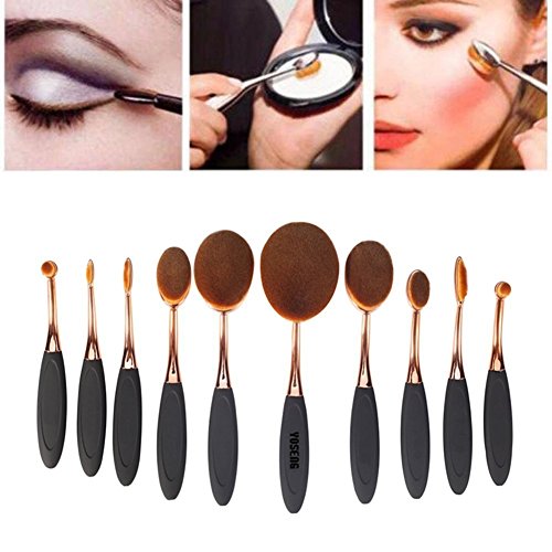 Yoseng 10 Pcs New fashionable Super Soft Oval Toothbrush Makeup Brush Set Foundation Brushes Contour Powder Blush Conceler Brush Makeup Cosmetic Tool Set Black Rose Golden ...