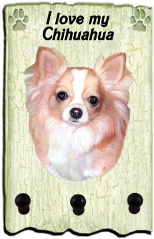 I love my Chihuahua Long Hair Tan White Dog Wood 4 1/2 x 7 inch Key Ring Leash jewelry Peg Hanger Holder Wall Rack Sign Plaque