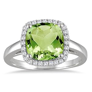 3.50 Carat Cushion Cut Peridot and Diamond Halo Ring in 10K White Gold
