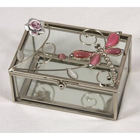 Glass Jewelry Trinket Box with Pink Dragonfly & Rose