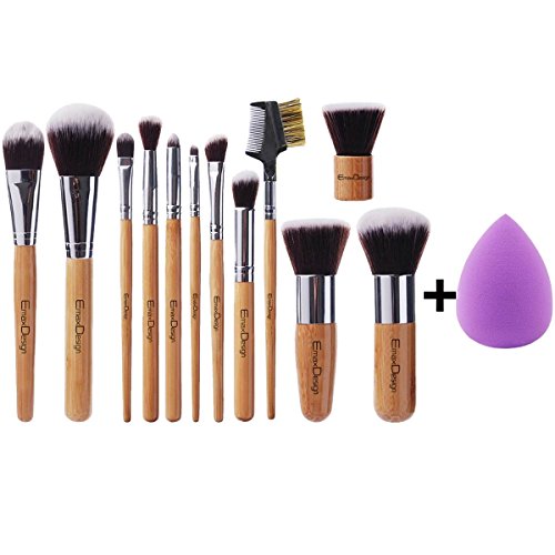 EmaxDesign 12+1 Pieces Makeup Brush Set, 12 Pieces Professional Bamboo Handle Foundation Blending Blush Eye Face Liquid Powder Cream Cosmetics Brushes & 1 Piece Purple Beauty Sponge Blender