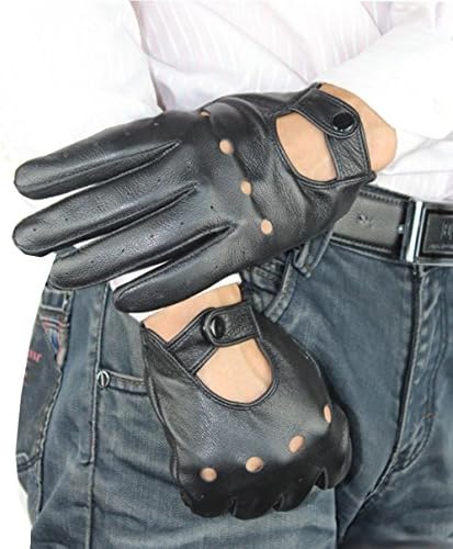 HINY Men's Lambskin Soft Leather Driving Cycling Sports Windproof Gloves Black