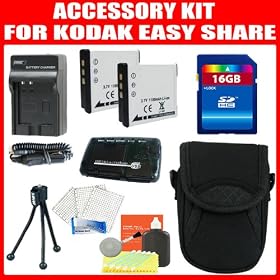 16GB Deluxe Accessory Kit For Kodak EasyShare M522 M532 M552 M583 M580 M575 M550 M530 Mini M200 Touch M577 M750 M565 M215 M5370 M5350 Digital Camera Includes Generic KLIC-7006 Extended Replacement Batteries + AC/DC Rapid Charger + 16GB High Speed Memory + Reader + Deluxe Case + Screen Protectors + M