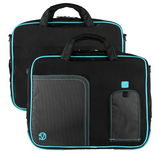 Aqua Blue Pindar Ultra Durable 17 inch Tactical Messenger bag for your Toshiba Satellite L775 Ultrabook with Extra Features: Reinforced durable constructions, Velcro charging port to charge without removing device, extra pockets for charger and Apple sized tablets or eReaders, Unique pull down Smartphone & MP3 front pocket with earphones slot, and Tuck Away Handles!!!