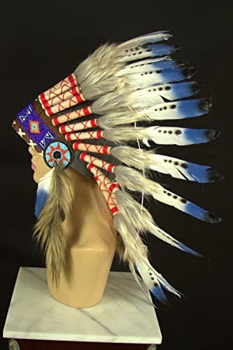 American Indian Inspired Headdress Warbonnet with Real Feathers (16 Styles to Choose) (Black Tip 3 Dot (SH014))