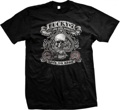 Lucky Seven, Motorcycle Mens T-shirt, Spade Skull Chopper Design Black L
