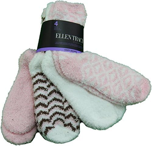 Ellen Tracy Essentials 4-Pair Ladies 9-11 Cozy Socks Pink/ White /Brown