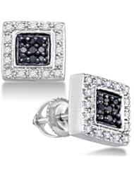 14K White Gold Round Brilliant Cut Black and White Diamond - Square Princess Shape Halo Channel Set Studs Earrings with Secure Screw Back Closure - (1/2 cttw.)