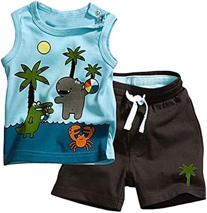 Little Boys Cartoon Print Tank Top and Coconut Tree Shorts Beach Outfits (80(6-12M), Light blue)