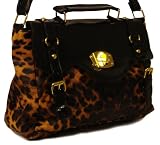 Ladies Leopard & Patent Shoulder Bag. - Leopard/Black - UK 1-1