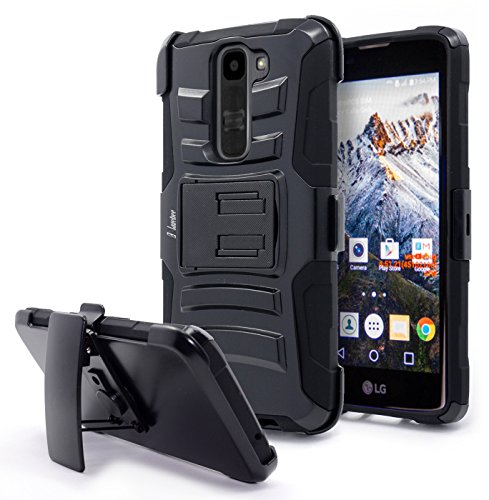 LG K7 Case,LG Tribute 5 Case, Nagebee - High Impact Resistant Black Dual Layer Armor Holster With Locking Belt Clip Defender Full Body Protective Hybrid Armor Case (Holster Black)