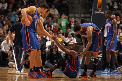 New York Knicks v Denver Nuggets: Raymond Felton, Danilo Gallinari, Landry Fields, Wilson Chandler Photographic Poster Print by Doug Pensinger, 12x18