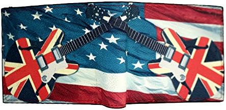 British Flag on Guitar & American Flag Outside Men's Black Leather Wallet