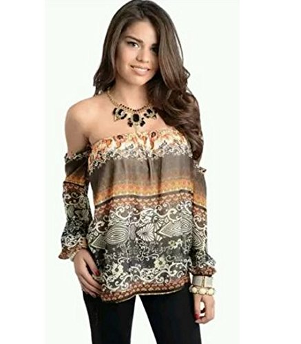 Women's Brown Off The Shoulders Blouse Paisley Print- Size MEDIUM