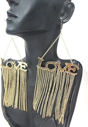 Chunky Large Chain Dangle Love Gold Tone Earrings
