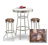Chrome Bar Table & 2 Chrome Tiger Face Animal Print Fabric Seat Barstools