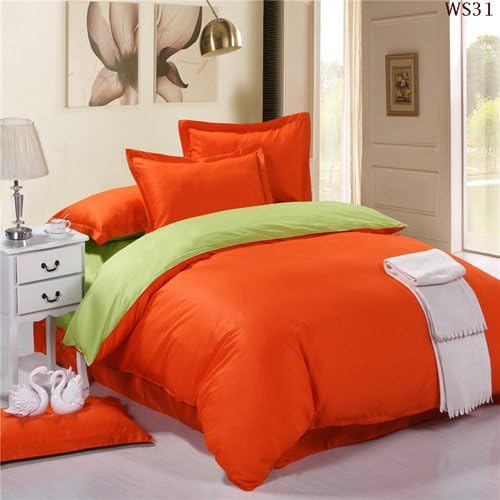 Orange and Green 100% Cotton for Bedding Set. (A Duvet Cover, a Bed Sheet,two Pillow Cases Bedding Set 4 Pcs.) (King)