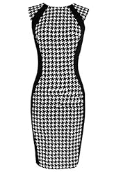 Knee Length Spring Summer Houndstooth Print Plaid Print Cap Sleeves Cotton Midi Dress 