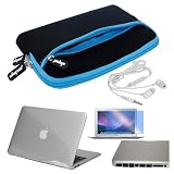 Premium Skque Clear Hard Plastic Crystal Case + 13.3 Inch Series LCD Screen Protector + White Headset Earphone + Black Anti Dust Plug Cover for Laptop Notebook + 13.3inch Laptop Glove Case Blue(Outside Black,Inner Blue,zipper Blue) for Apple MacBook Air 13.3