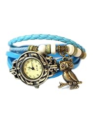 Turquoise Blue Leather Antique Gold Bronze Owl Bird with Wood Beads Bohemian Bracelet wrist watch 7" to 8 1/4"
