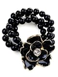 Black Bead With Black and Gold Large Flower Stretch Bracelet
