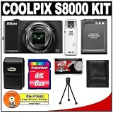 Nikon Coolpix S8000 14.2 Megapixel Digital Camera with 10x Wide-Angle Optical Zoom (Black) with + 8GB Card + EN-EL12 Battery + Case + Accessory Kit