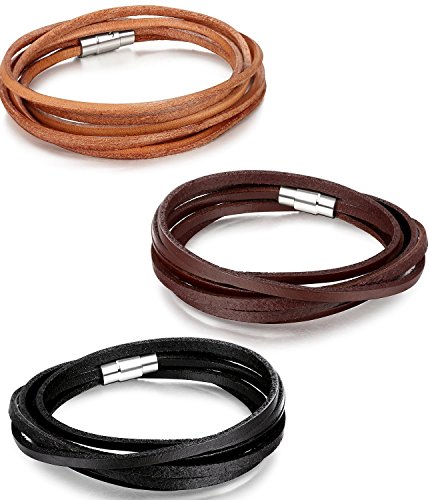 Areke Mens Leather Bracelets Wristband - Long Magnetic Clasp Wrist Cuffs Bracelet Set Style Set of 3 Pcs
