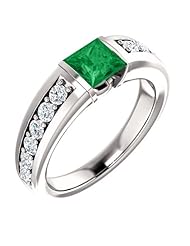 18K White Gold 5.00x5.00mm Princess Cut Chatham Created Emerald and Diamond Ring -- LIFETIME WARRANTY