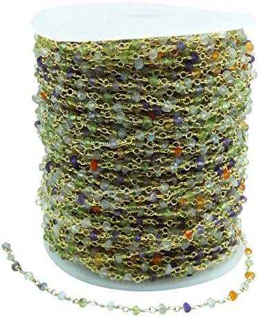 3 Feet Natural Multi Gemstone Multi Color Gold Plated Beads Rosary Chain 2 mm