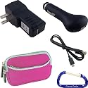 Bundle Combo: Neoprene Dual Pocket Zipper Case (Pink), Micro USB to USB Cable (3 Feet), Car Charger, Wall Travel/Home Charger, and Carabiner Key Chain for the Kodak PlaySport HD Waterproof Pocket Video Camera