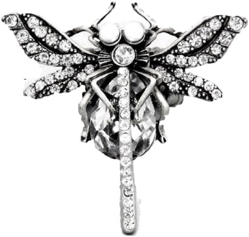 Mystical Dragonfly Stretch Ring C17 Clear Crystal Pearl Burnish Silver Tone