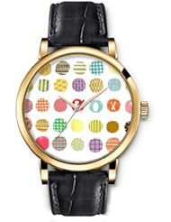 SPRAWL Aanalog Fashion Series Gold Ladies Watches of Genuine Black Leather Strap,Unique Wrist Watch for Women Girls Designed with Different colored circles