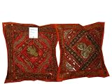 2 Ferrari Red Beaded Cushion Covers Vintage Sari Pillow Covers 16x16 inches