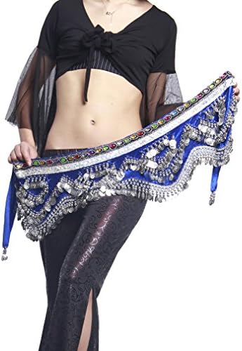 UPRIVER Women's Velboa Rhinestones Deco Belly Dance Hip Scarf With Silver Coins Dark Blue