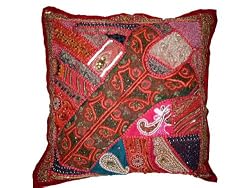 Vintage Sari Patchwork Red Moti Beaded Decorative Floor Pillow Case 24"