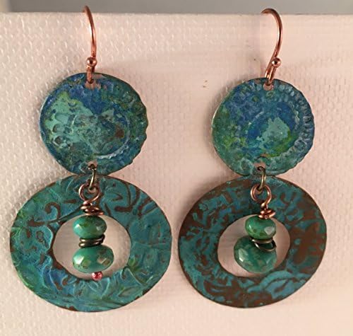 Patina Blue Green Earrings with Czech Glass Dangles with Copper Earwires