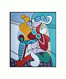 IMAGE OF Art Reproduction Oil Painting - Picasso Paintings: Still Life on Pedestal Table with Studio Black Wood Frame - 21.5