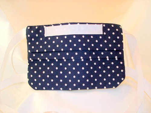 Adults Washable Cotton Fabric Fashion Surgical Face Mask for Protection Against Flu Germs and Allergies -- Navy Blue with White Dots and White Ribbon