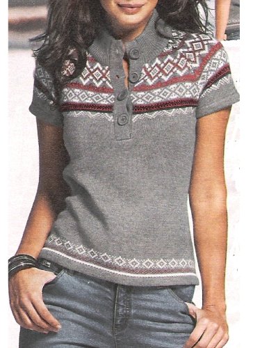 PULLOVER KURZARM GRAU MELANGE +DEKORMUSTER STEHKRAGEN+ KNOPFLEISTE 20