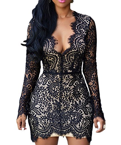 made2envy Deep V Neck Lace Nude Illusion Mini Dress