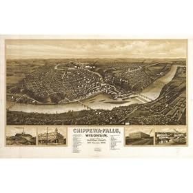 Chippewa-Falls, Wisonsin [sic] county-seat of Chippewa County 1907. H. W., sk., large historic panoramic map reprint measured in inches 55x36