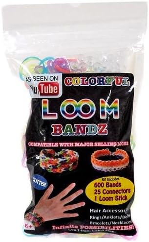 Colorful Loom Bandz 600 RAINBOW GLITTER Rubber Bands with 'S' Clips