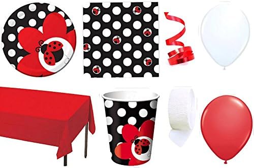 Ladybug Party Supplies for 16 - Table Cover, Cups, Napkins, Plates, Curling Ribbon, Streamer &amp; Balloons - This Bundle Has 61 Pieces