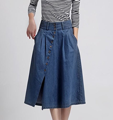 (ALLURE) ロング デニム スカート フロントボタン ミモレ丈 タック入り フレア ブルー AF0510